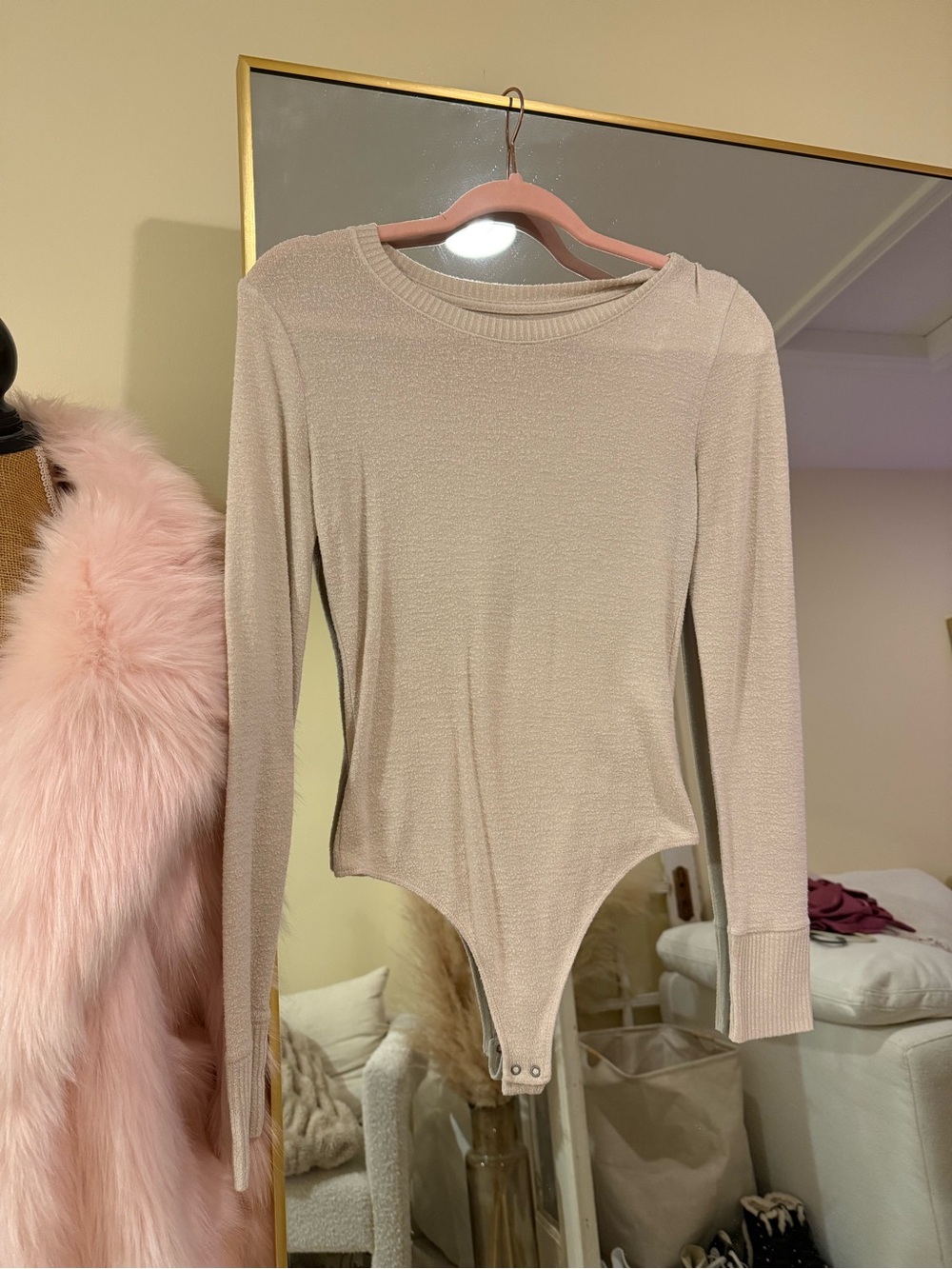 Abercrombie & Fitch Long Sleeve Beige Crewneck Bodysuit